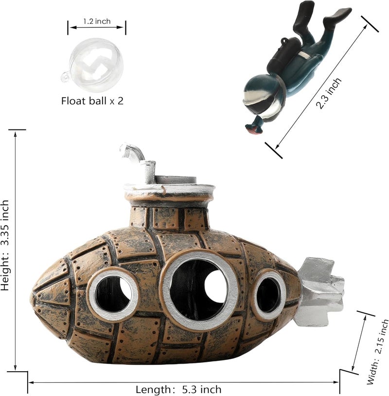 SUPTEC Floating Fish Tank Decoration, LittleCute Retro Submarine AquariumDecoration with Two Float Balls,Resinous Fish Tank Accessorie - Image 4